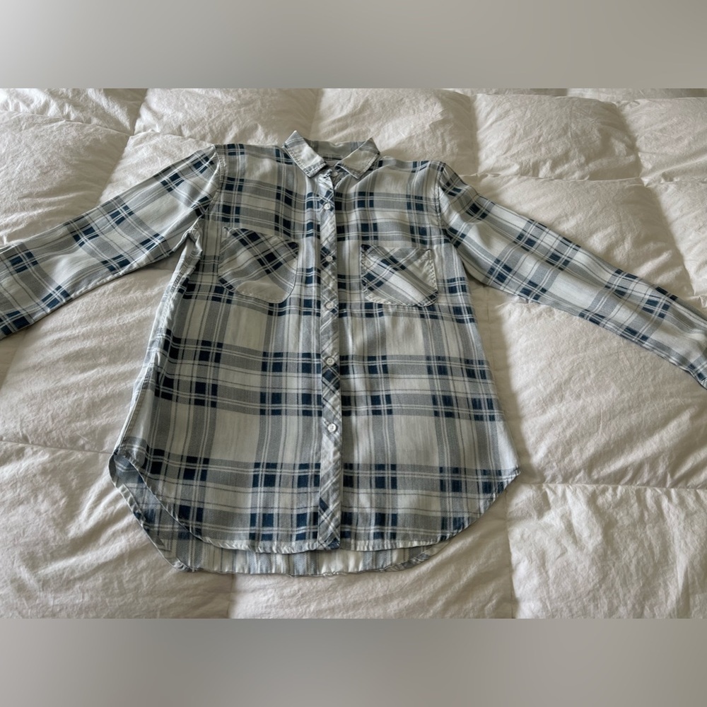 Rails Chambray Plaid Button Down Long Sleeve Shirt Blue White SZ Small.